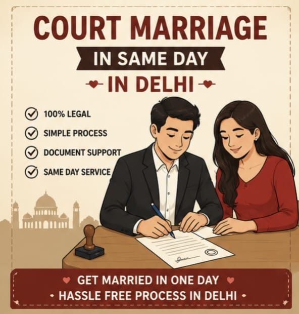 Same Day Court Marriage in Delhi — couple signing legal documents in front of marriage officer