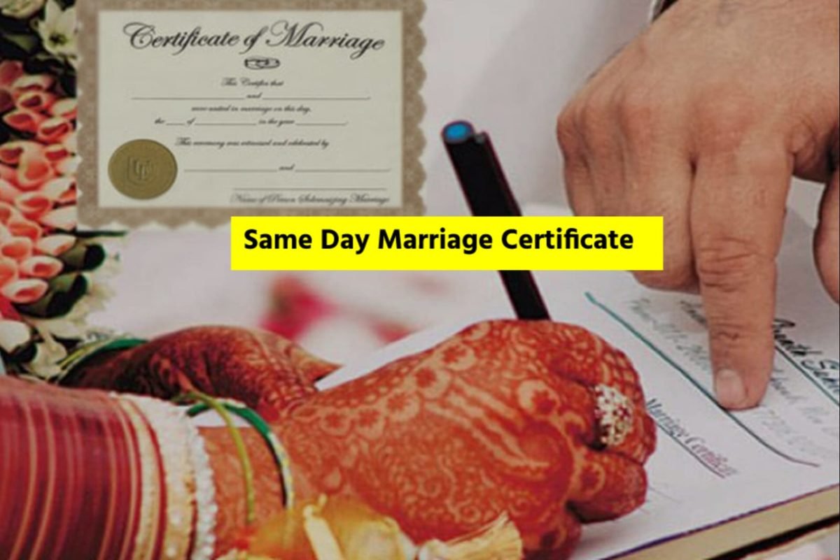 Marriage Certificate Delhi — Arya Samaj certificate with bride's mehndi hand signing official document